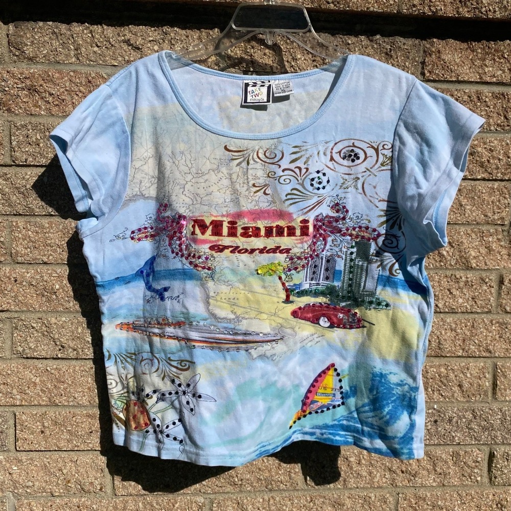 Vintage Y2K Bedazzled Miami Florida Graphic Baby Tee Blue Sequin XL Glam Mcbling
